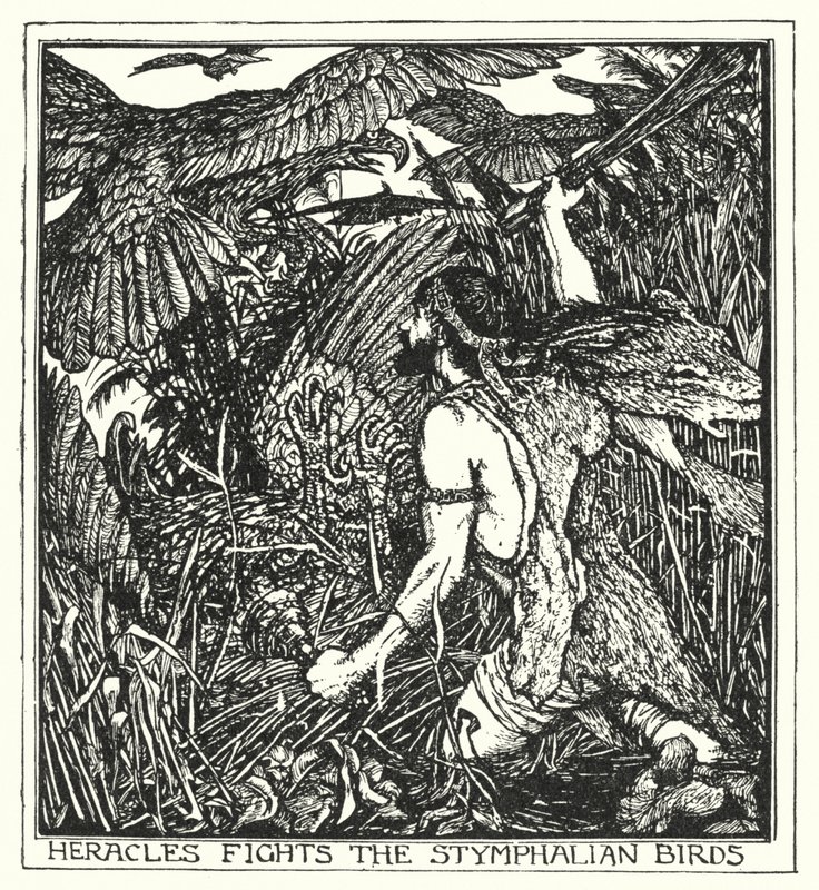Herakles taistelee Stymphalian lintuja vastaan (litho) tekijältä Henry Justice Ford