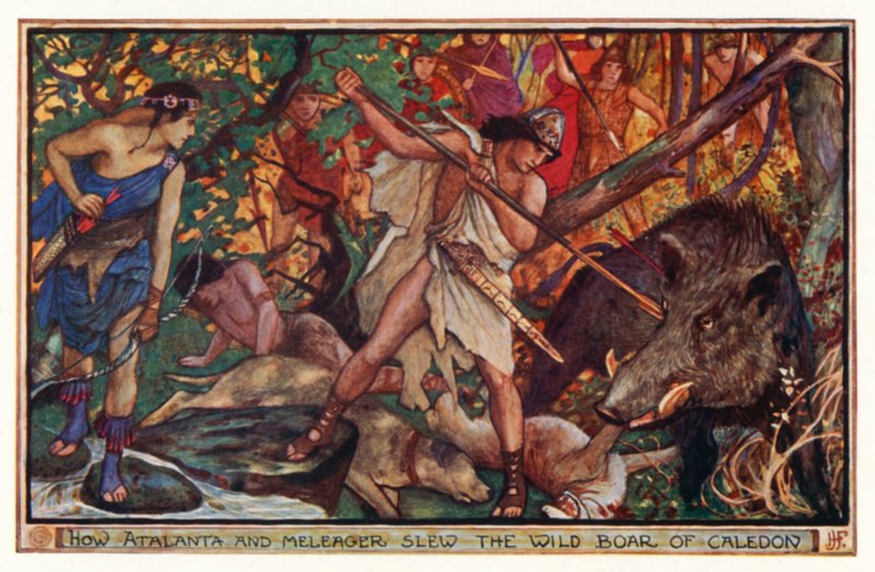 Kuinka Atalanta ja Meleager tappoivat Caledonin villisikoja (värilitho) tekijältä Henry Justice Ford