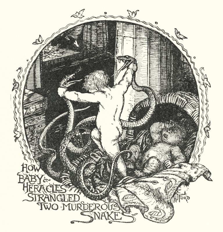 Kuinka Herakles-vauva kuristi kaksi murhaavaa käärmettä (litho) tekijältä Henry Justice Ford