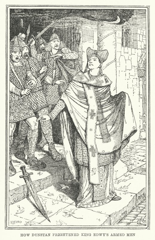 Kuinka Dunstan pelotti kuningas Edwyn aseistettuja miehiä (litho) tekijältä Henry Justice Ford