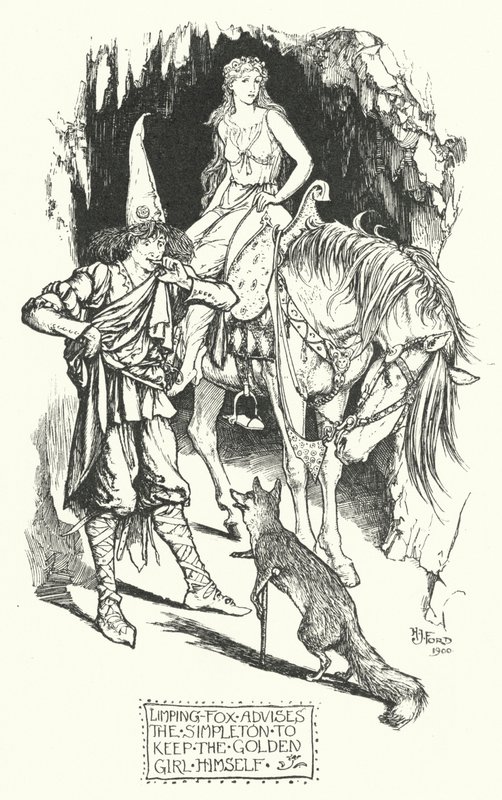 Limping-Fox neuvoo Simpletonia pitämään kultaisen tytön itse (kaiverrus) tekijältä Henry Justice Ford