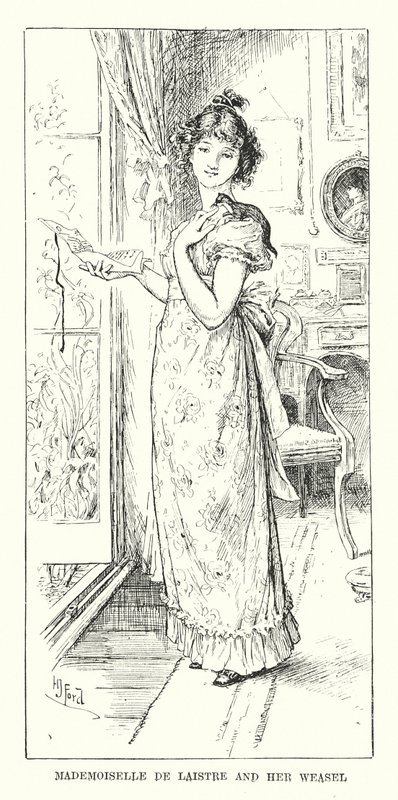 Mademoiselle de Laistre ja hänen näätänsä (kaiverrus) tekijältä Henry Justice Ford