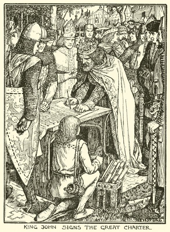 Magna Carta. Kuningas Johannes allekirjoittaa suuren peruskirjan (kaiverrus). tekijältä Henry Justice Ford