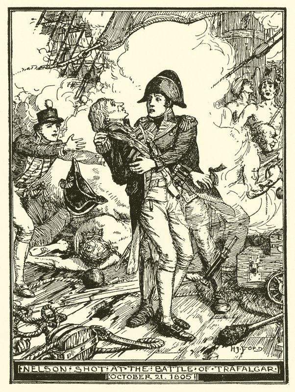 Nelson ammuttiin Trafalgarin taistelussa 21. lokakuuta 1805 tekijältä Henry Justice Ford