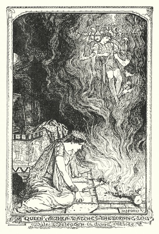 Kuningatar Althea katselee palavaa puuta, kun Meleager kuolee ulkona (litho) tekijältä Henry Justice Ford