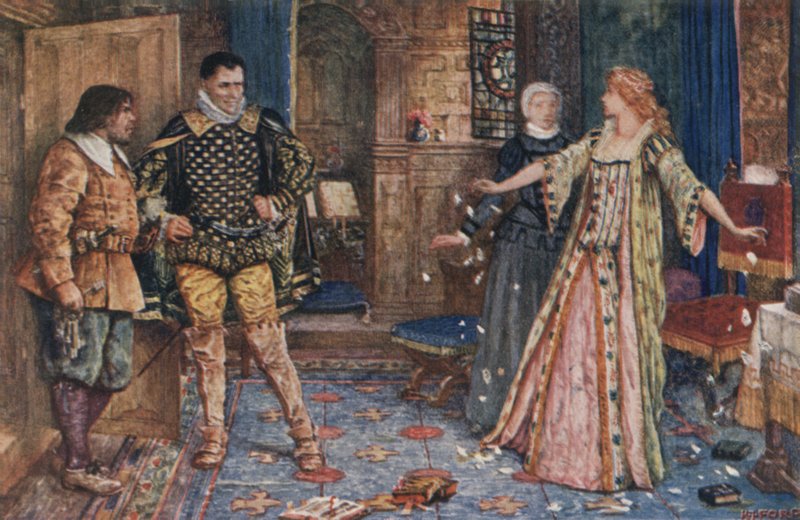 Näin sanoen hän repi palasiksi Leicesterin kirjeen ja leimahti niihin niiden putoaessa lattialle (väri litho) tekijältä Henry Justice Ford