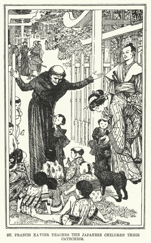 Pyhä Franciscus Xavier opettaa japanilaisille lapsille katekismuksen (litho) tekijältä Henry Justice Ford