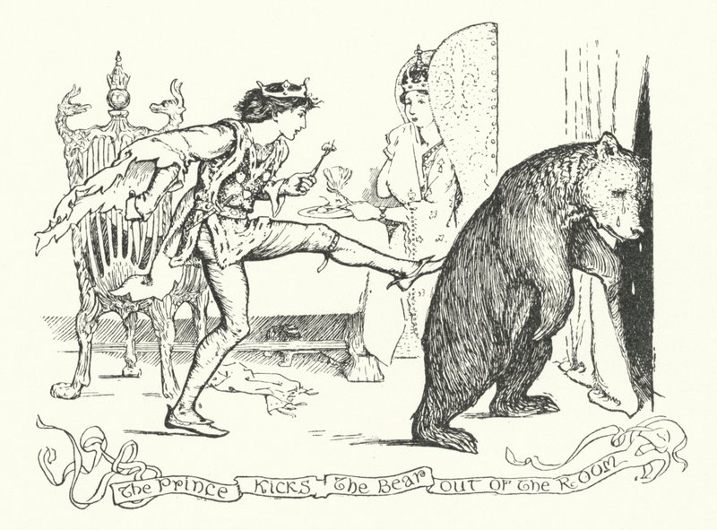 Prinssi potkaisee karhun ulos huoneesta (kaiverrus) tekijältä Henry Justice Ford