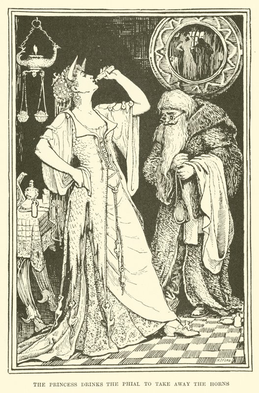 Prinsessa juo pulloa ottaakseen sarvet pois (kaiverrus) tekijältä Henry Justice Ford
