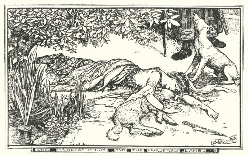 Prinsessa Pulja ja murhattu karitsa (litografia) tekijältä Henry Justice Ford