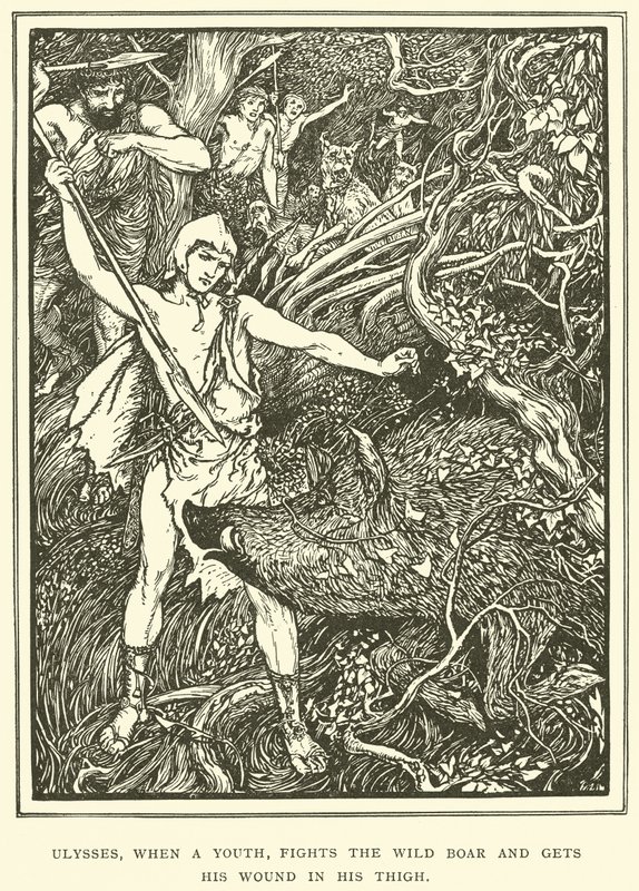 Nuorena Odysseus taistelee villisikaa vastaan ja saa haavan reiteensä. tekijältä Henry Justice Ford