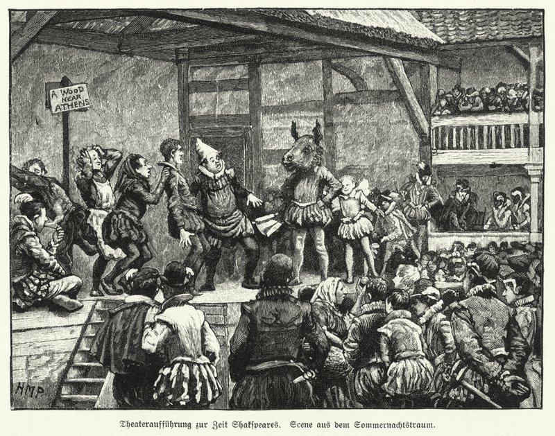 Esitys William Shakespearen näytelmästä Kesäyön uni näytelmäkirjailijan elinaikana (litho) tekijältä Henry Marriott (after) Paget