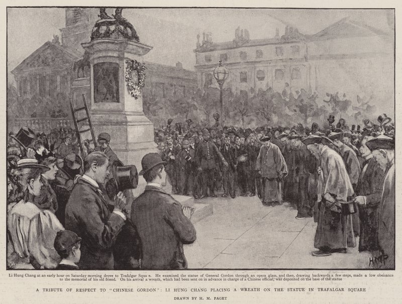Kunnianosoitus kiinalaiselle Gordonille, Li Hung Chang asettamassa seppeleen patsaan Trafalgar Squarella tekijältä Henry Marriott Paget