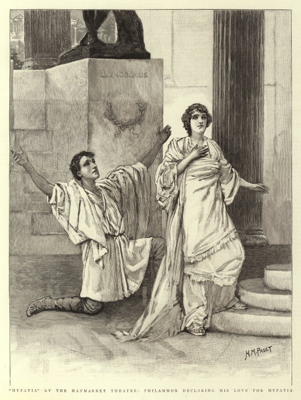 Hypatia Haymarket-teatterissa, Philammon julistamassa rakkauttaan Hypatialle tekijältä Henry Marriott Paget