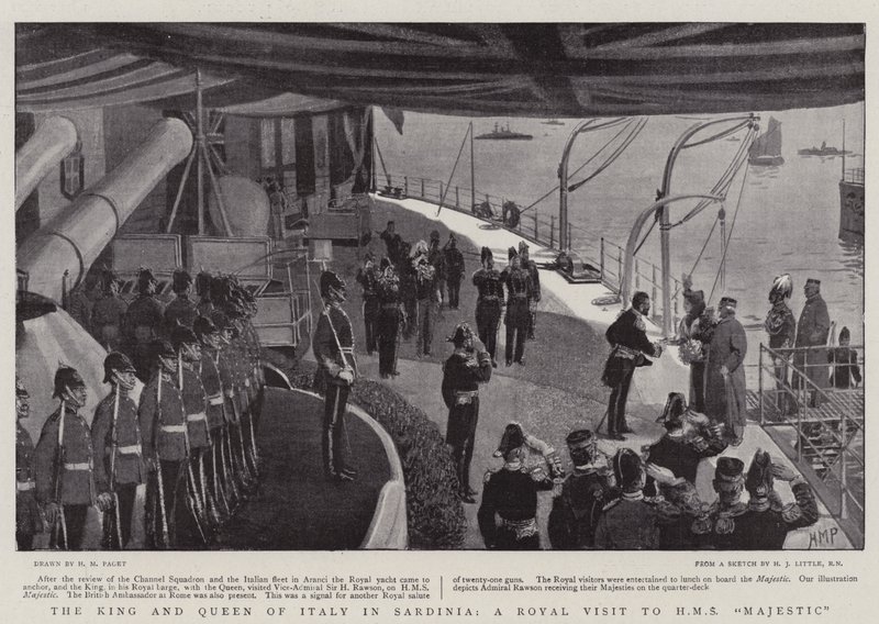 Italian kuningas ja kuningatar Sardiniassa, kuninkaallinen vierailu HMS Majesticissa tekijältä Henry Marriott Paget