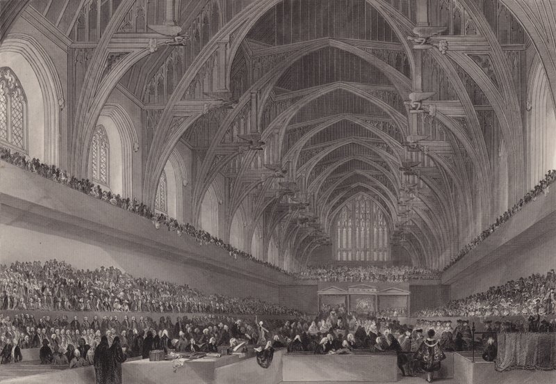 Bengalin kenraalikuvernöörin Warren Hastingsin oikeudenkäynti Westminster Hallissa Lontoossa tekijältä Henry Melville