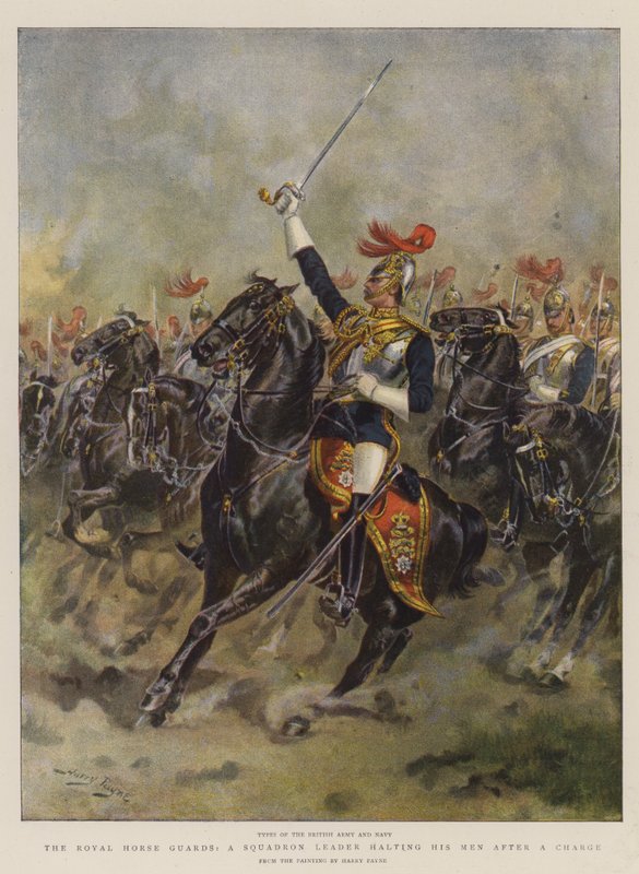 Royal Horse Guards, lentueen johtaja pysäyttää miehinsä hyökkäyksen jälkeen (chromolitho) tekijältä Henry Payne
