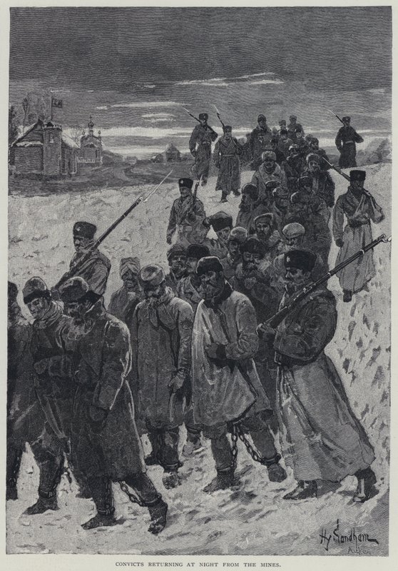 Kara, vangit, jotka palaavat yöllä kaivoksilta (litho) tekijältä Henry Sandham