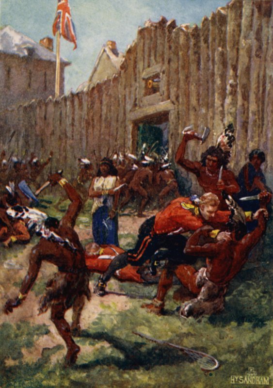 Ojibwe-intiaanit yllättivät britit Fort Michilimackinacissa, 1763 tekijältä Henry Sandham