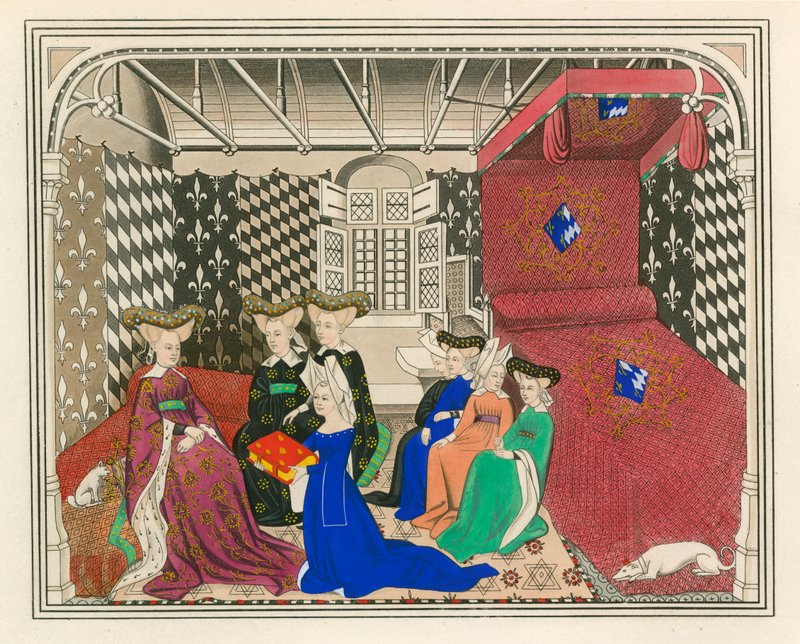 Christine de Pisan, esittelemässä kirjansa Ranskan kuningattarelle, 1400-luvun alku tekijältä Henry Shaw