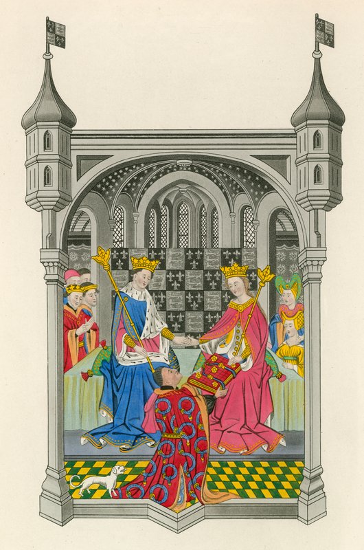 John Talbot, Earl of Shrewsbury, esittelemässä kirjansa kuningatar Margaretille, kuvitus Henry G. Bohnin julkaisusta "Mekot ja koristeet" tekijältä Henry Shaw