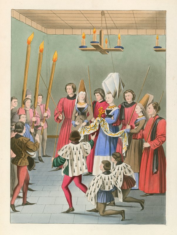 Turnauksen nainen jakamassa palkinnon, n. 1450 tekijältä Henry Shaw