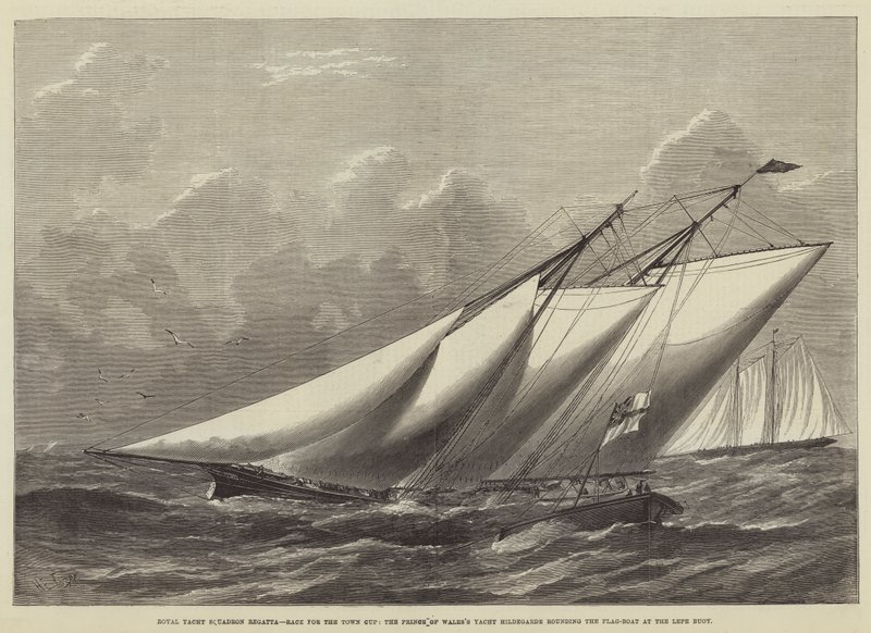 Royal Yacht Squadron Regatta, kilpailu Town Cupista, Prince of Walesin huvijahti Hildegarde kiertää lippuvenettä Lepe-poijulla tekijältä Henry Spernon Tozer