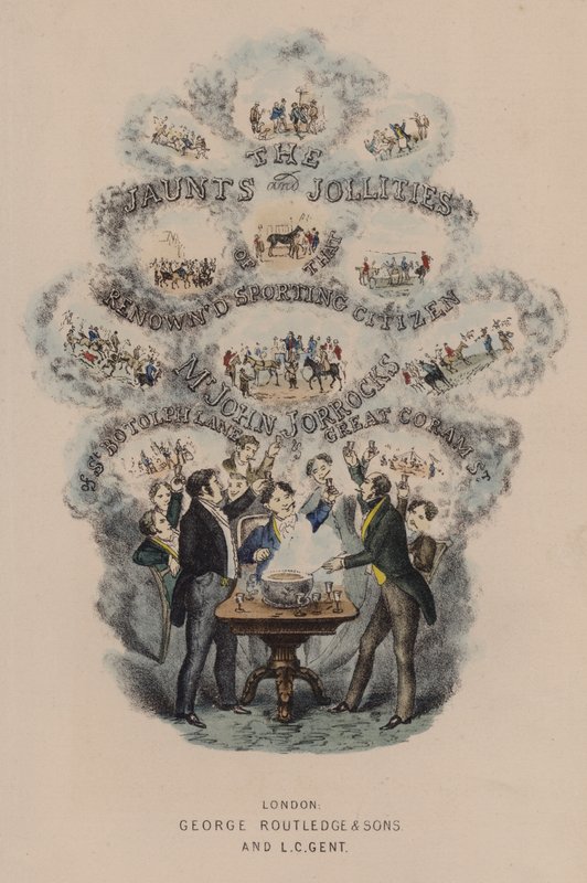 Jorrocksin otsikkosivukuvitus Jaunts and Jollities (värilitho) tekijältä Henry Thomas (after) Alken