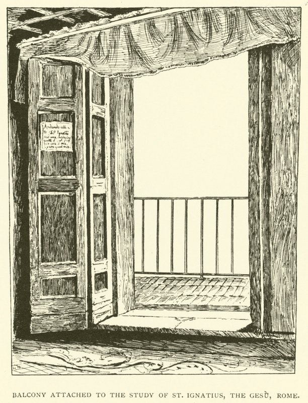 Pyhän Ignatiuksen työhuoneen parveke, Gesu, Rooma (kaiverrus). tekijältä Henry William Brewer