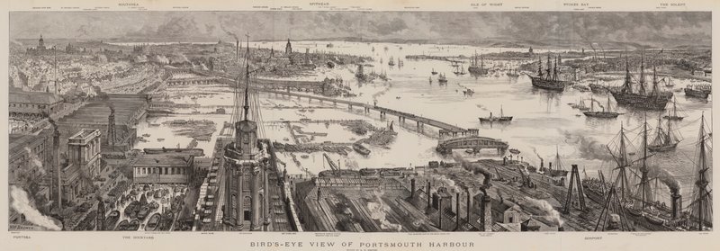 Portsmouthin satama lintuperspektiivistä katsottuna tekijältä Henry William Brewer