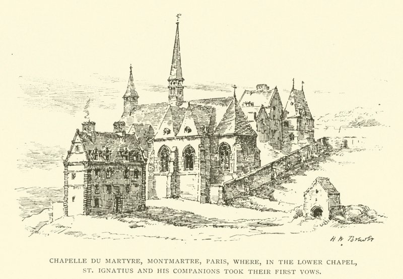 Chapelle du Martyre, Montmartre, Pariisi, jossa alemmassa kappelissa Pyhä Ignatius ja hänen seuralaisensa antoivat ensimmäisen lupauksensa (kaiverrus) tekijältä Henry William Brewer