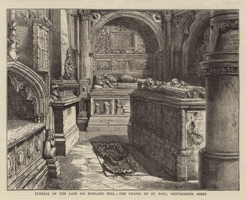 Edesmenneen Sir Rowland Hillin hautajaiset, St Paulin kappeli, Westminster Abbey tekijältä Henry William Brewer