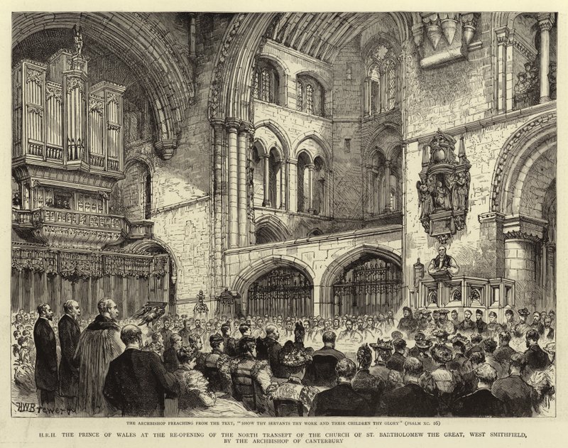 H R H Walesin prinssi, kun Canterburyn arkkipiispa avasi uudelleen Pyhän Bartholomew Suuren kirkon pohjoisen risteyksen West Smithfieldissä tekijältä Henry William Brewer