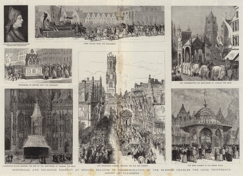 Historiallinen ja uskonnollinen näyttely Bruggessa, Belgiassa, autuaan Kaarle Hyvän, Flanderin 13. kreivin muistoksi tekijältä Henry William Brewer