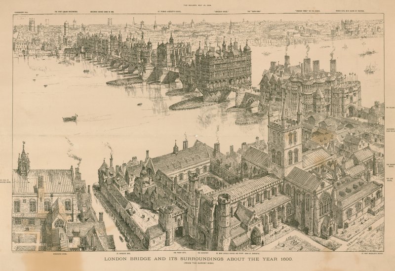 London Bridge ja sen ympäristö noin vuodelta 1600 tekijältä Henry William Brewer