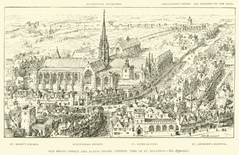 Old Broad Street ja Austin Friars, Lontoo, St Ignatiuksen aika (kaiverrus) tekijältä Henry William Brewer