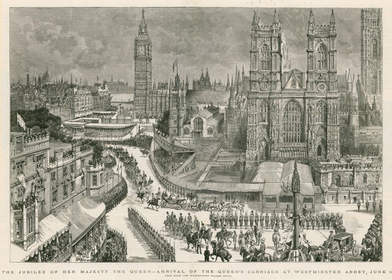 Hänen Majesteettinsa kuningattaren juhlapäivä - kuningattaren vaunujen saapuminen Westminster Abbeyyn tekijältä Henry William Brewer