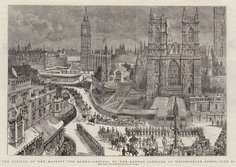 Hänen Majesteettinsa kuningattaren juhlapäivä, kuningattaren vaunun saapuminen Westminster Abbeyyn, 21. kesäkuuta tekijältä Henry William Brewer