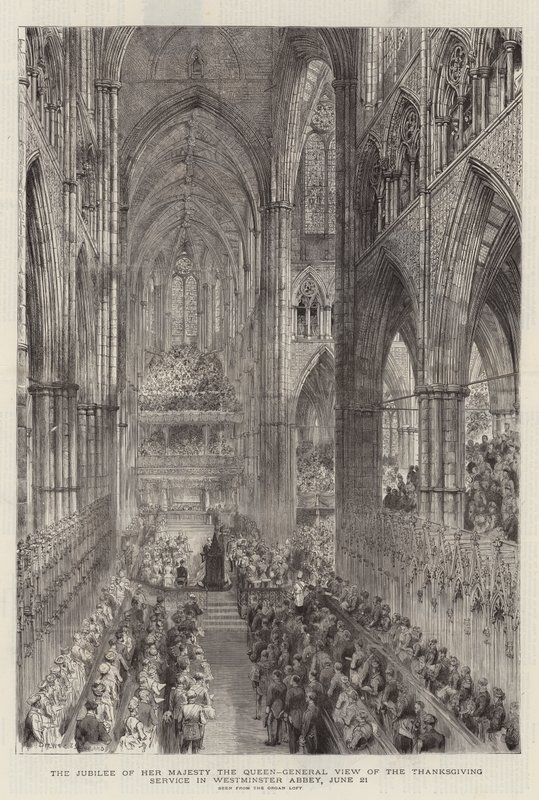 Hänen Majesteettinsa kuningattaren juhlapäivä, yleinen näkymä kiitospäivän jumalanpalveluksesta Westminster Abbeyssa, 21. kesäkuuta tekijältä Henry William Brewer