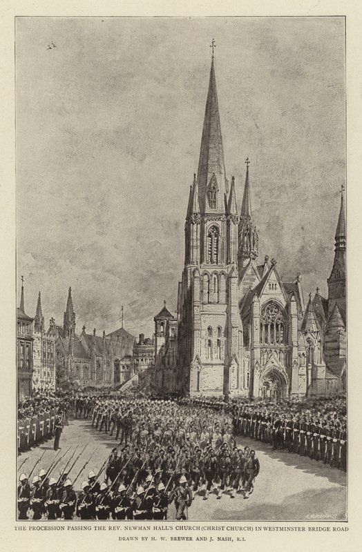 Kulkue ohittaa Reverend Newman Hallin kirkon (Christ Church) Westminster Bridge Roadilla tekijältä Henry William Brewer