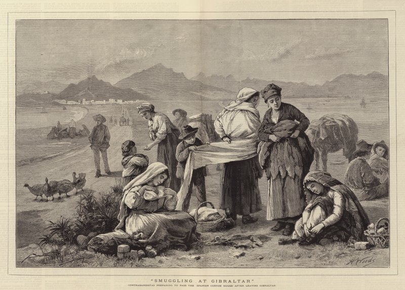 Salakuljetus Gibraltarilla, salakuljettajat valmistautuvat ohittamaan Espanjan tullitalon lähdettyään Gibraltarilta. tekijältä Henry Woods