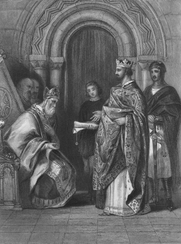 Englannin kuningas Henrik II esittelee vuonna 1155 annetun paavin bullan, joka antoi hänelle luvan valloittaa, hallita ja hallita Irlantia. tekijältä Henry after Warren
