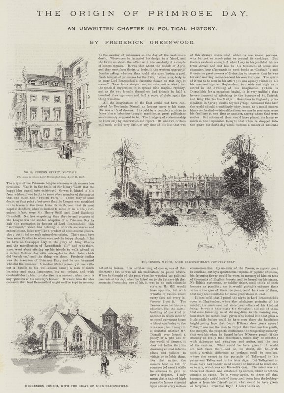 The Origin of Primrose Day, kirjoittamaton luku poliittisessa historiassa, Frederick Greenwood tekijältä Herbert Railton