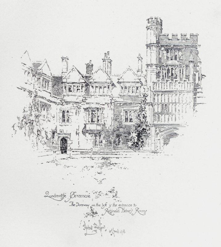 Brasenose College, Oxford, joka näyttää sisäänkäynnin englantilaisen papin ja kirjailijan Reginald Heberin huoneisiin (litho) tekijältä Herbert (after) Railton