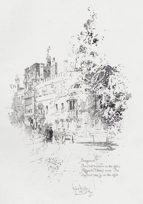 Brasenose College, Oxford, näyttää englantilaisen papin ja kirjailijan Reginald Heberin huoneen (litho) tekijältä Herbert (after) Railton