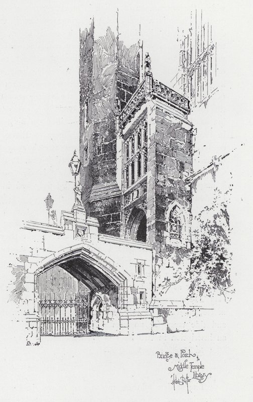 Silta ja kuisti Middle Temple -kirjastoon (kaiverrus) tekijältä Herbert (after) Railton