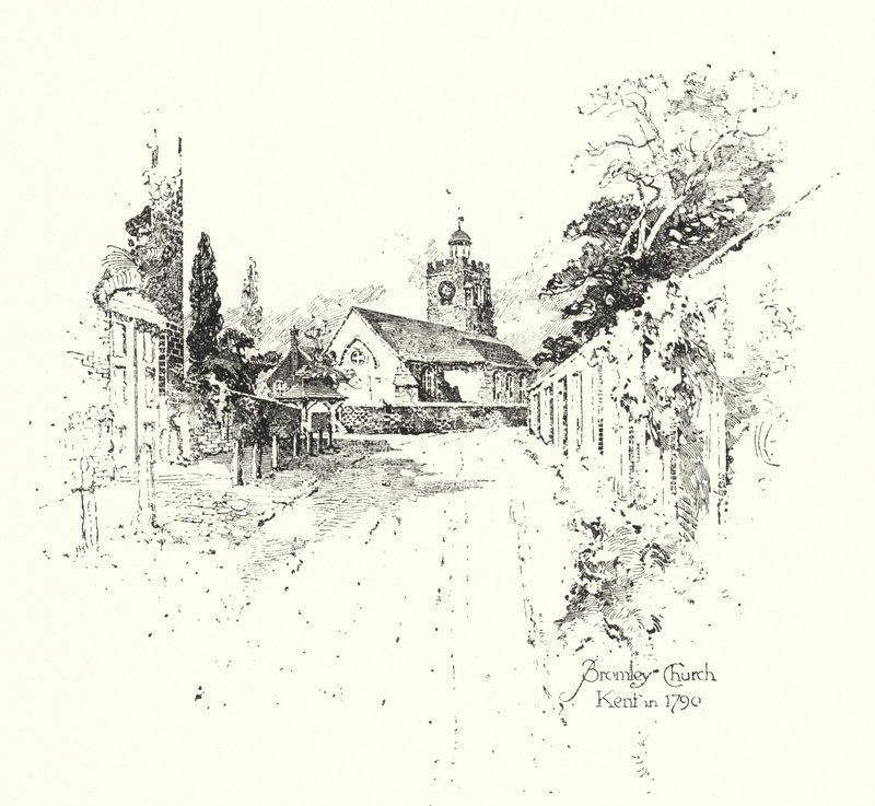 Bromley Chruch, Kent, vuonna 1790 (litho) tekijältä Herbert (after) Railton