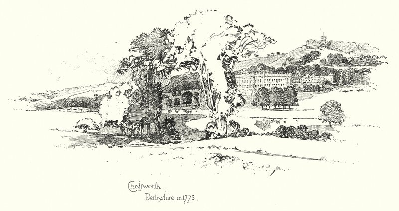Chatsworth, Derbyshire, vuonna 1775 (litho) tekijältä Herbert (after) Railton