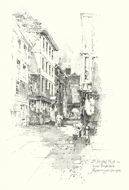 Dr Johnsonin talo, Inner Temple Lane, asui siellä 1760-1765 (litho) tekijältä Herbert (after) Railton