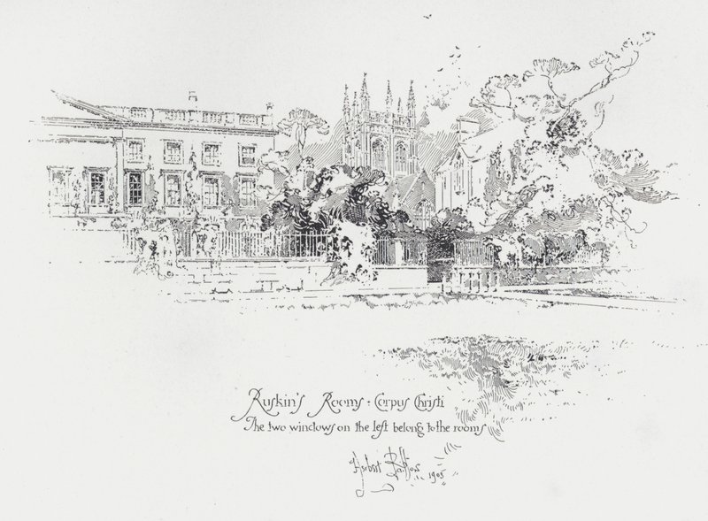 Englantilaisen taidekriitikon John Ruskinin huoneet Corpus Christi Collegessa, Oxfordissa (litho) tekijältä Herbert (after) Railton